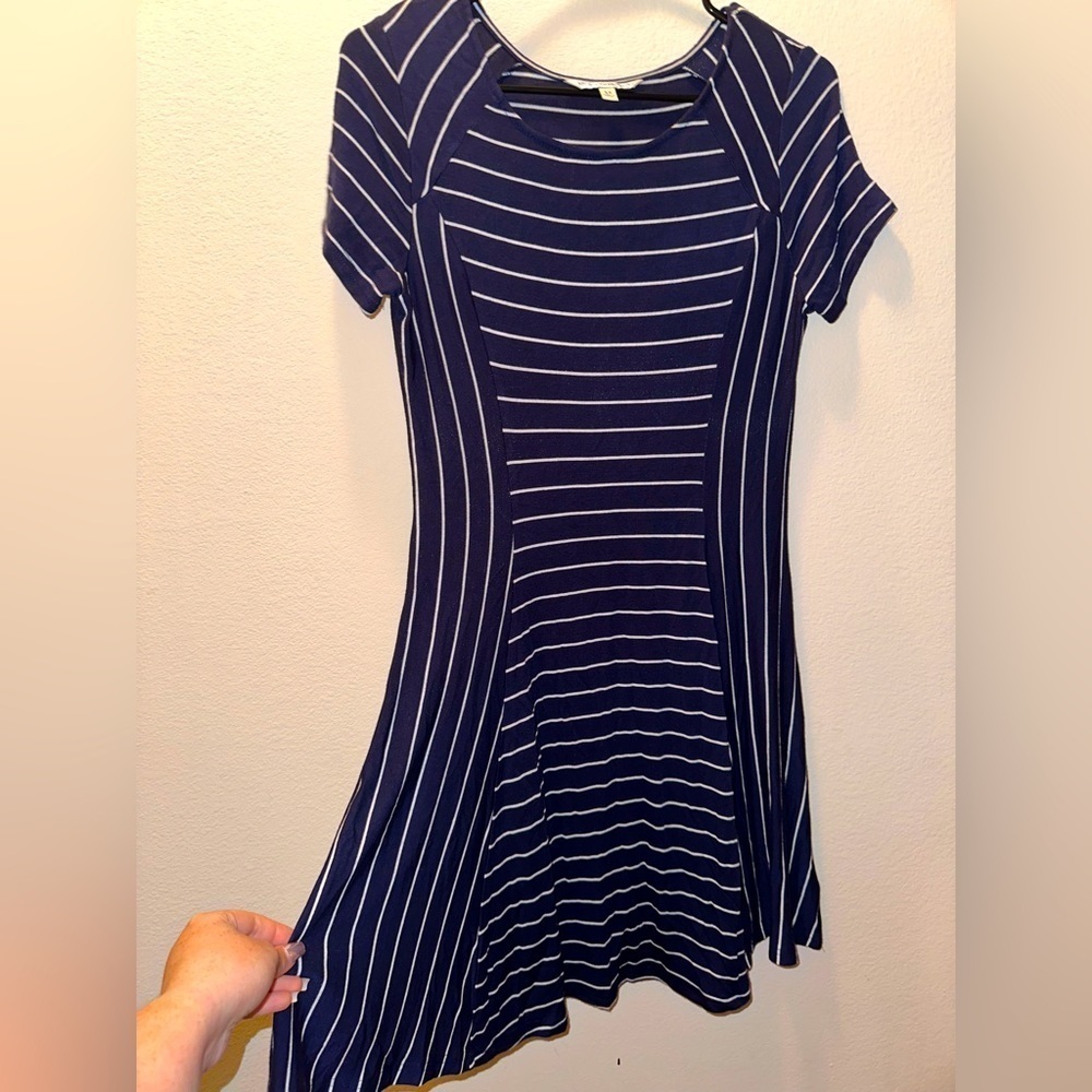 Navy Striped Short Sleeve A-Line Dress